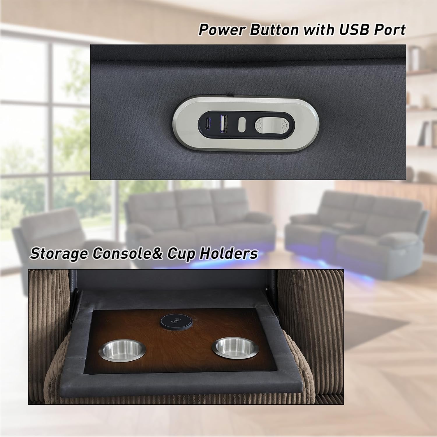 Power Reclining Sectional Sofa with LED Lights, Modern Corduroy Recliner Couch with USB Ports,Cup Holders & Storage Console, 3-Piece Home Theater Seating for Living Room Brown