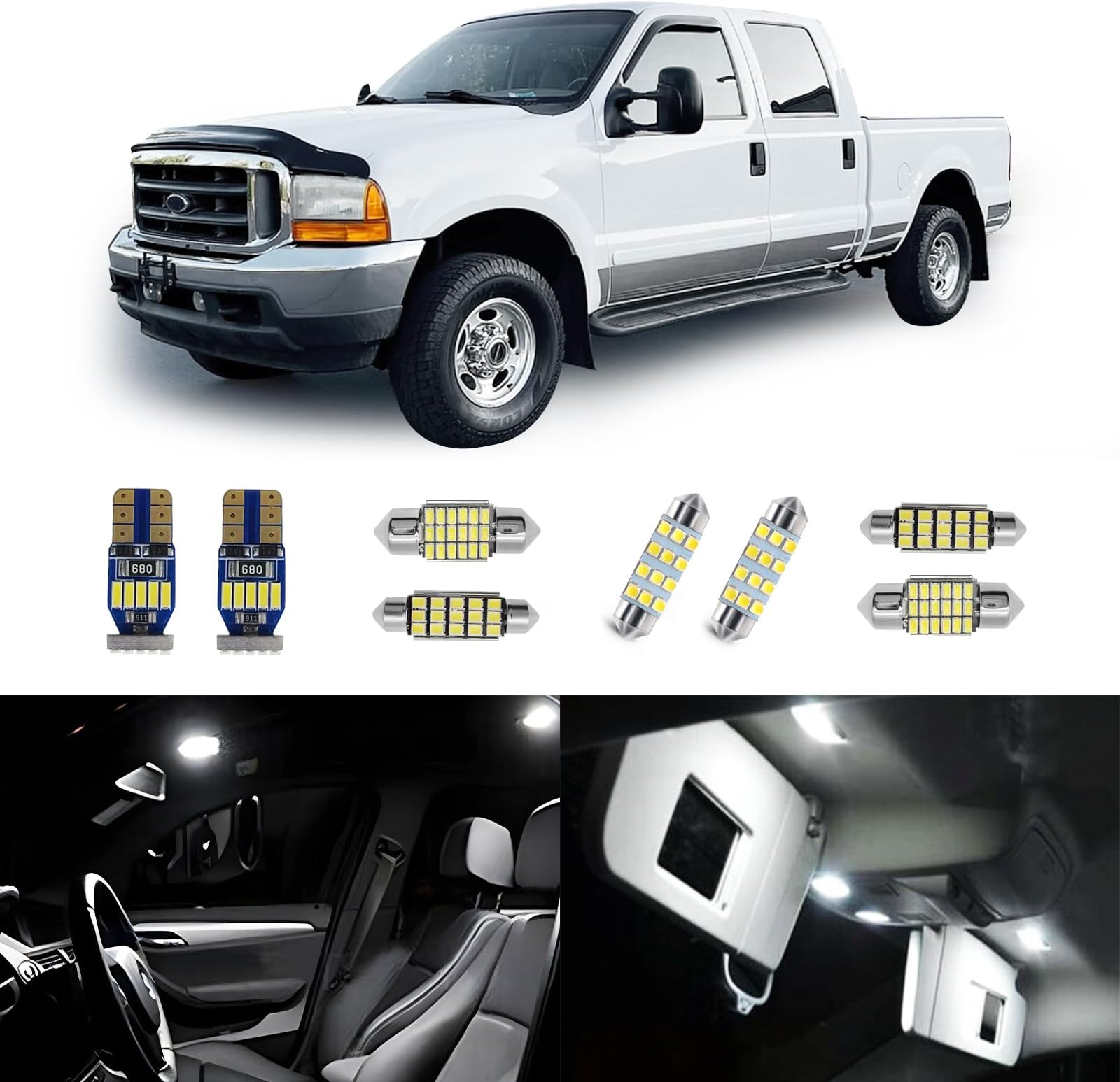 14 pcs F250 F350 White Interior LED Lights Replacement Bulbs for 1999-2016 Ford F-250 F-350 Super Duty 6000K Interior LED Lighting Package, Map Lights+Dome Lights+Cargo Lights+License Plate Lights