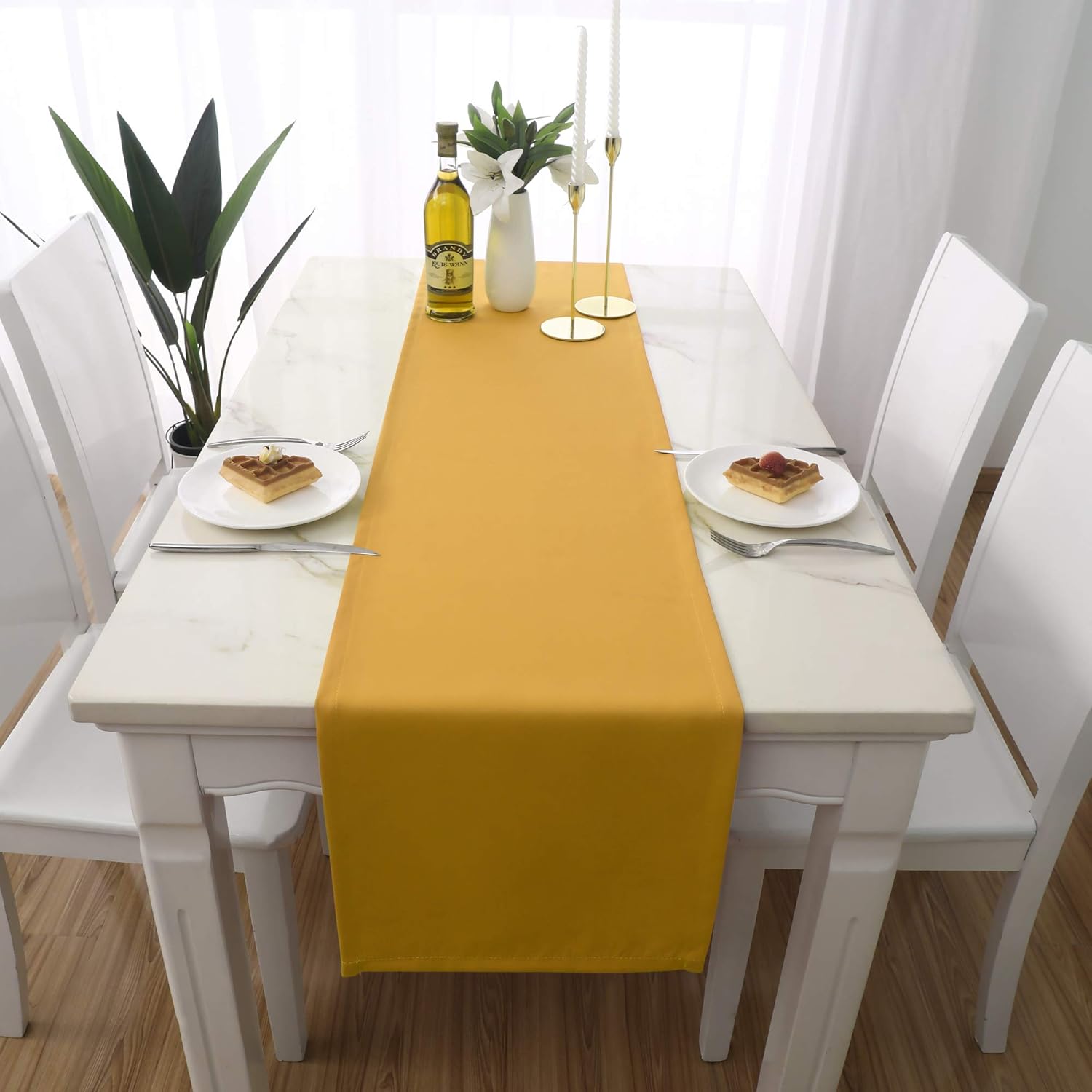 DUALIFE 2PCS Yellow Table Runner 108 Inches Long 9 FT Vivid Fall Yellow Table Runner for Wedding Family Dinner Indoor/Outdoor Picnics Table Handmade Table Runners 14" x 108"