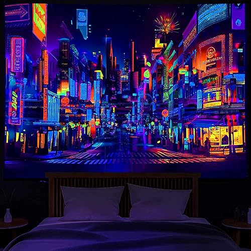 Miniatura 3 de Bzhilja Tapiz de anime japonés con luz negra, tapiz de pared punk reactivo a los rayos UV, valla publicitaria japonesa de Tokio District City 80S