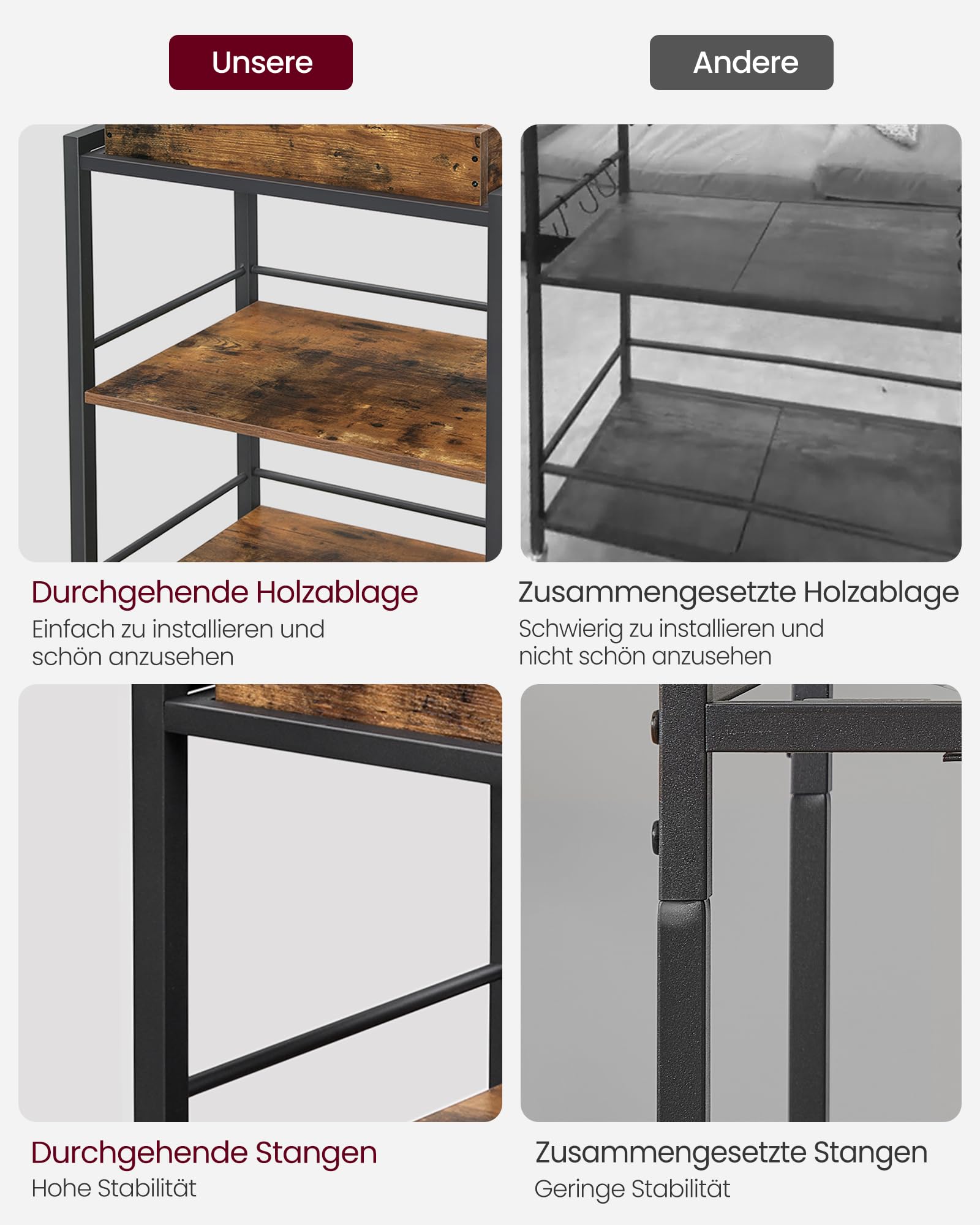 VASAGLE Servierwagen, Küchenwagen, abnehmbares Tablett, mit verstellbaren Füßen und Rollen, Küchenregal, Stahlrahmen, 40 x 72 x 86 cm, Industrie-Design, vintagebraun-schwarz LRC72X