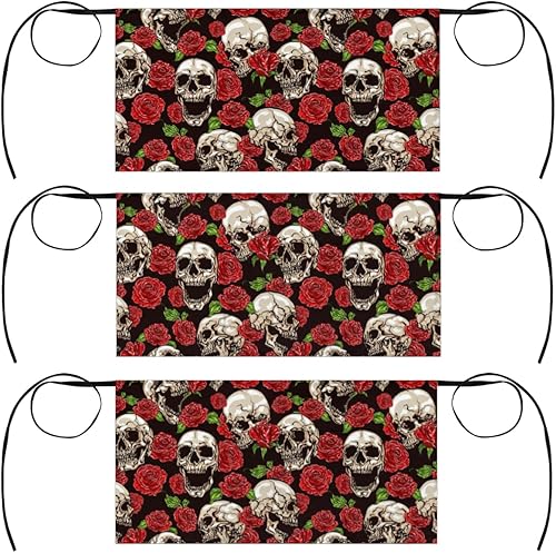 Miniatura 1 de Delantal corto de 3 bolsillos para la cintura, paquete de 3, diseño retro de calavera roja con rosas rojas para hombres y mujeres, cocina,