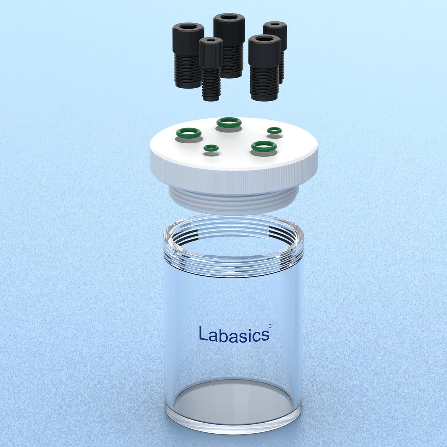 Labasics Celda Electrolítica, Celda Electroquímica Sellada de Borosilicato de Cámara Única con Kit de Reactor Electrolizador Y Tapa de PTFE de 5 Orificios, 100 ml