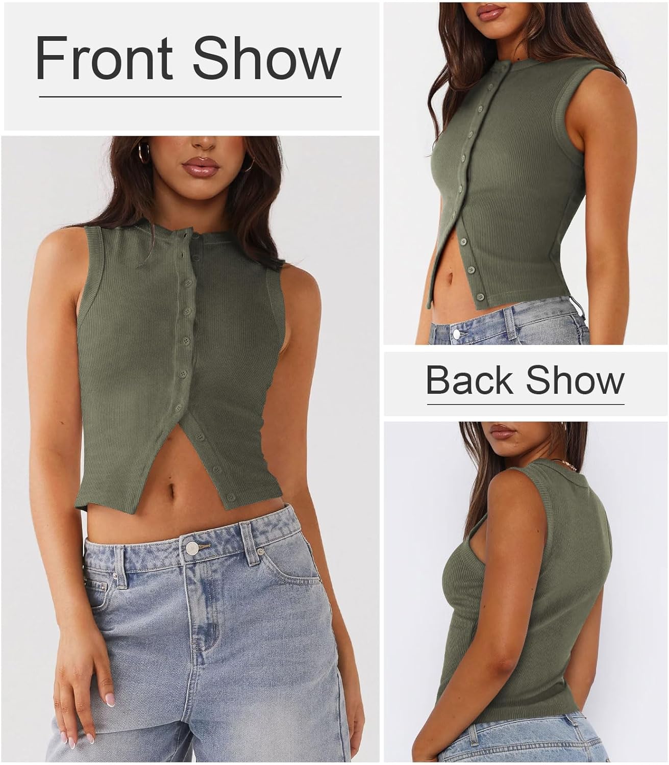 Womens Button Down Tank Top Sleeveless Ribbed Fitted Vest Casual Crewneck Trendy Y2K Going Out Crop Knit Vest Top - Image 3