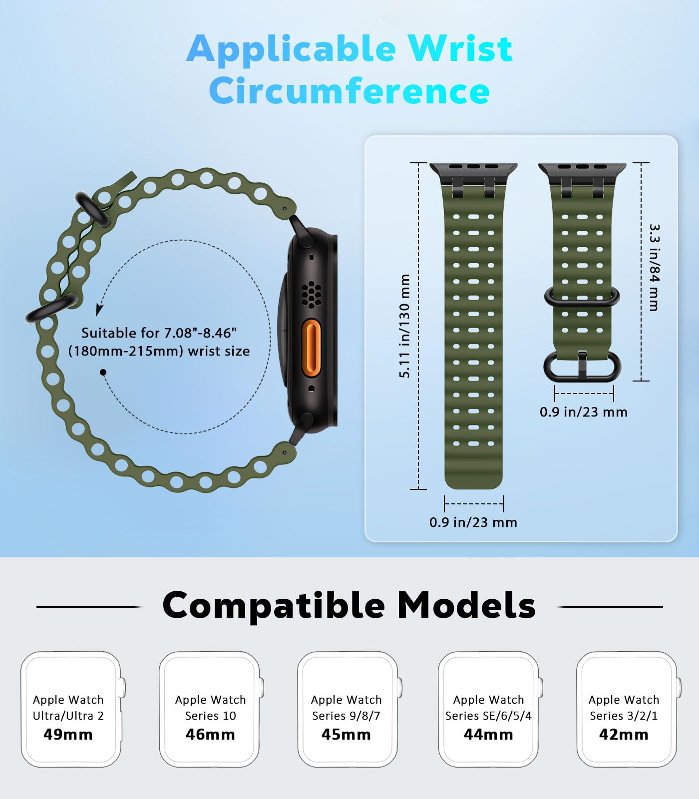 Astorgos Cinturino Ocean compatibile con Apple Watch Ultra 2/Ultra 49mm, S10 46mm, 9/8/7 45mm, SE/6/5/4 44mm, 3/2/1 42mm, Cinturini Sportivo con Connettore in Metallo per Uomo e Donna