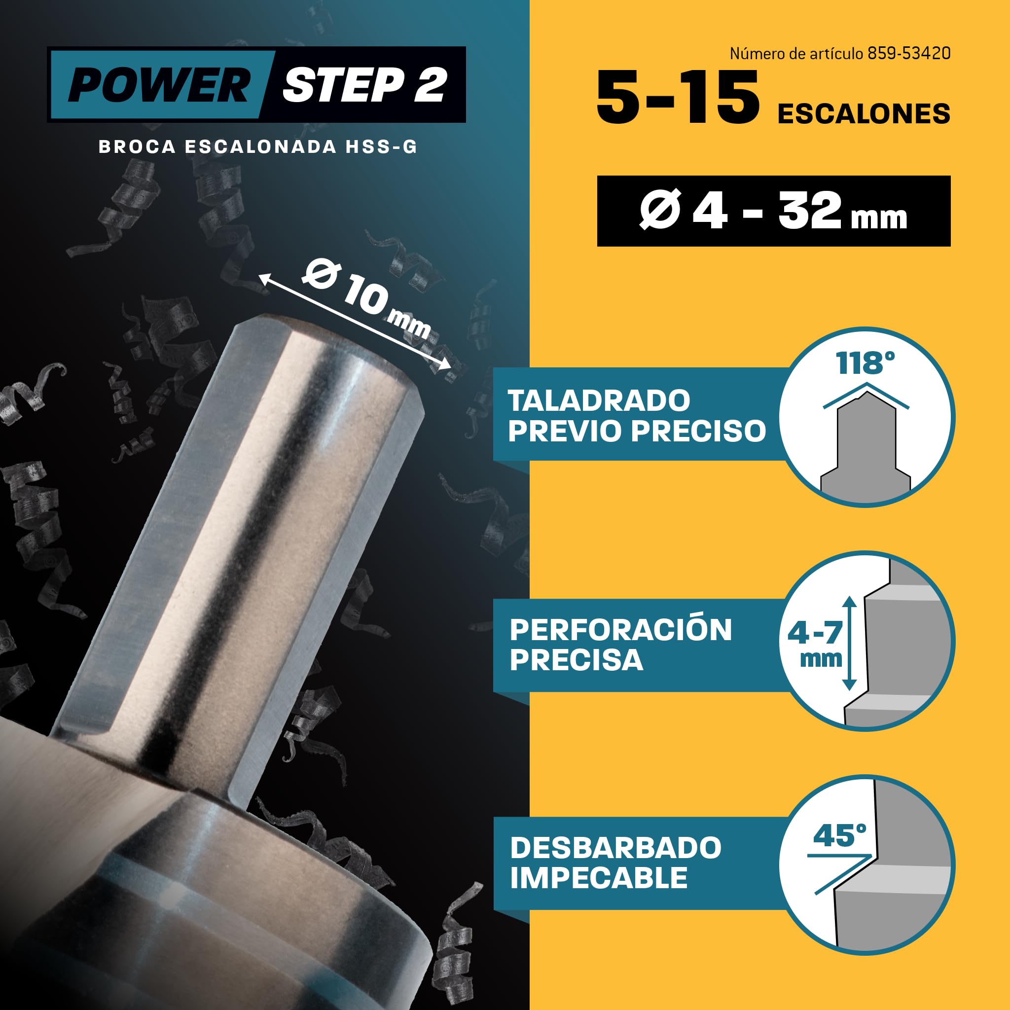 Juego de fresas escalonadas Ø 4-12 + 4-20 + 4-32 mm/taladro cónico / eje de 10 mm / 3 piezas Juego de brocas profesionales HSS/Amboss PowerStep 2 / adecuado para perforar acero, aluminio