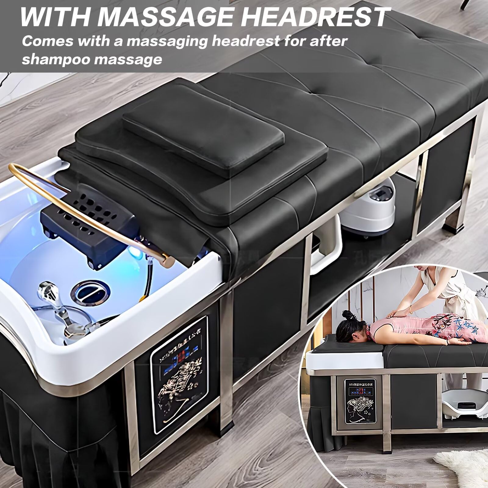 Professionelle Salon-Massage-Shampoo-Liege mit Kopf-Spa-Ausstattung, Wasserzirkulation, Begasung, Wassererhitzer, dickem, glattem Becken und Kosmetiktisch mit viel Stauraum (Schwarz)