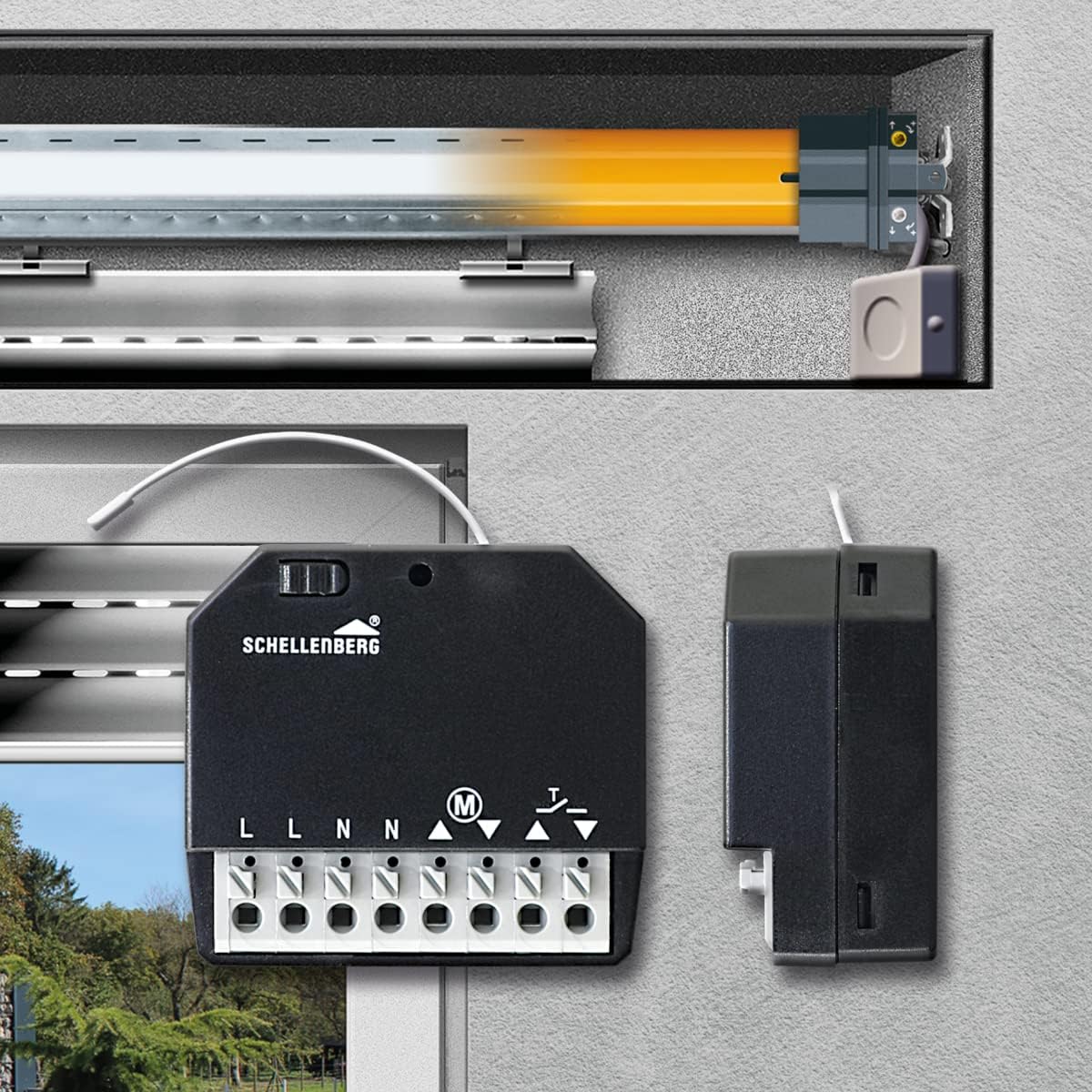 Schellenberg 20018 Wireless Receiver Module installed in a roller shutter box