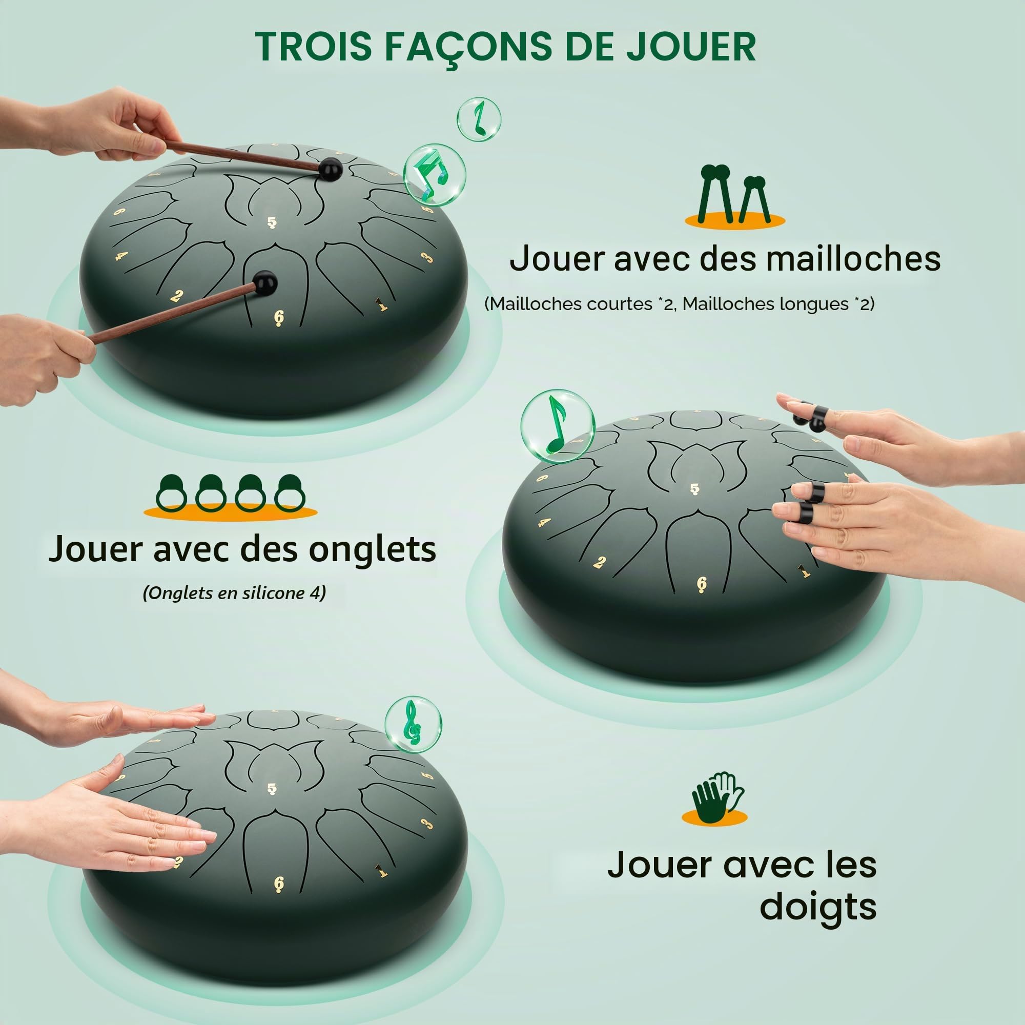 CAHAYA Tambour à langue en acier 13 notes : 30,5 cm C KeySteel avec livre de musique, maillets, médiators et sac de transport Vert CY00374-1