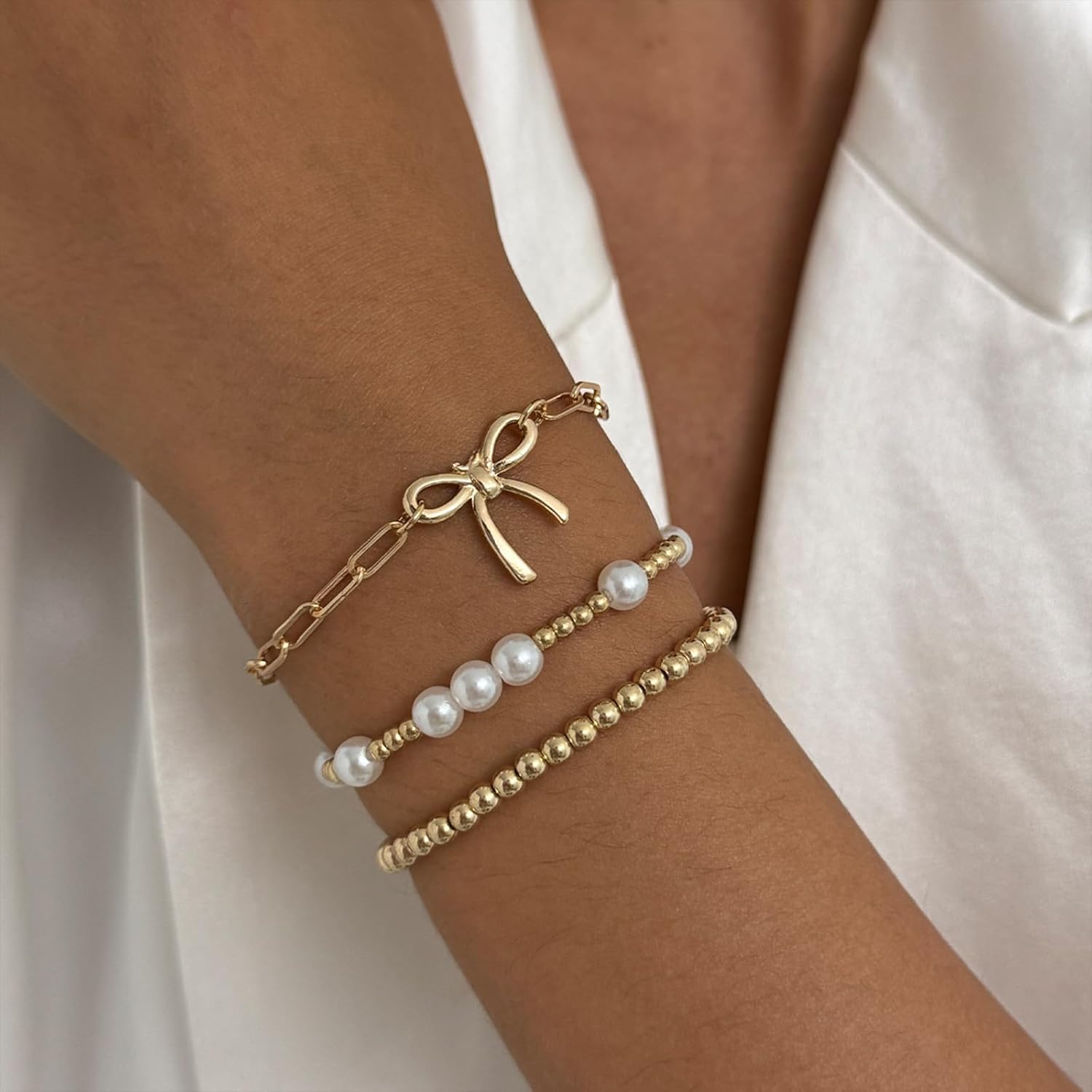 Gold Bracelets for Women Non Tarnish Stackable Bracelets for Women Stretchy Bead Bracelet with Bow Charm Christmas Jewelry Accessories - Image 4