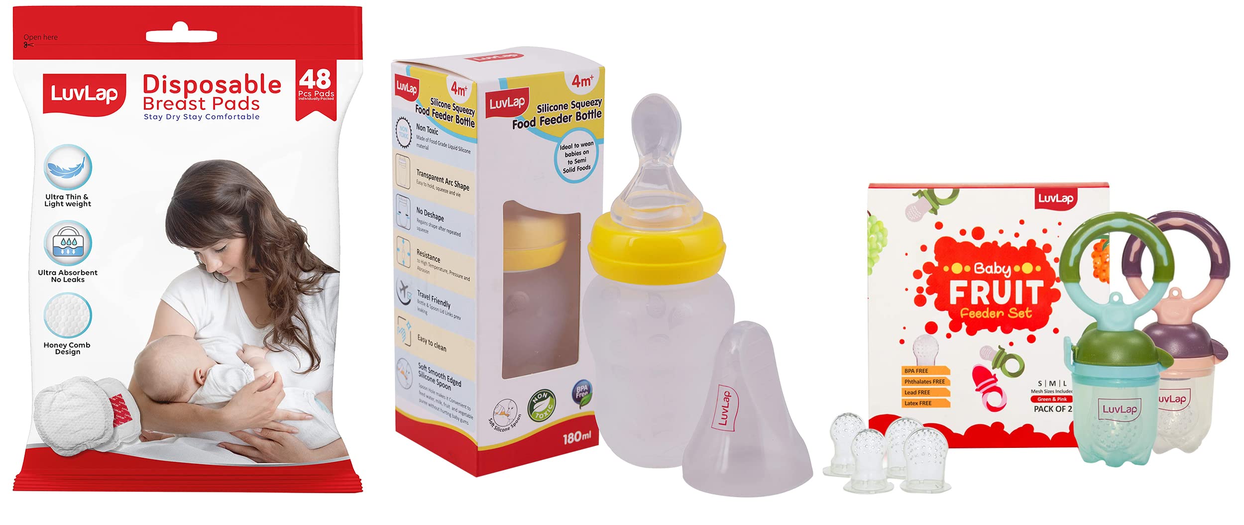 Luvlap Easy Squeezy Food Feeder - 180 Ml & Baby Food and Fruit Feeder Twin Pack, Green & Pink & Luvlap Ultra Thin Honeycomb Nursing Breast Pads, 48Pcs