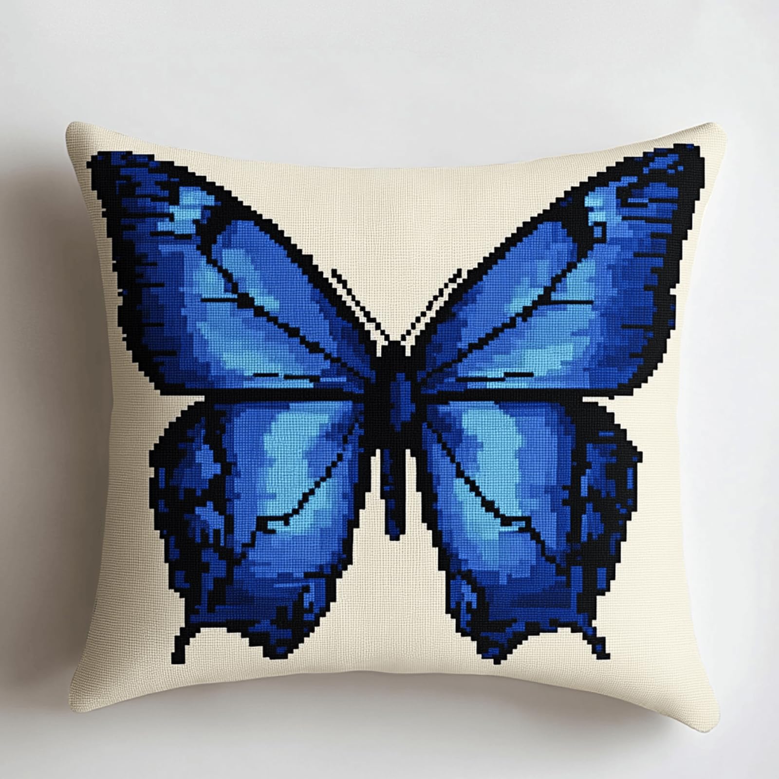 XDEGHUANGSS Latch Hook Cushion Kit Blue Butterfly,17x17 Inch Latch Hook Pillow Cover Kit with Yarn - DIY Rug Hooking Needlework Kit for Beginners,Sofa Cushion Cover Home Decor
