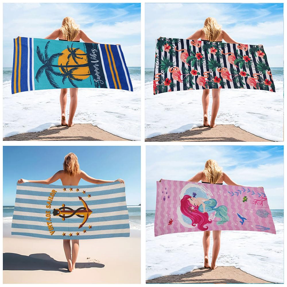 stampringt Extra Large Cute Stripe Flamingo Mermaid Beach Towels Set of 4 Pack for Adult Big Oversized Thick Microfiber Terry Cloth Sandproof Quick Dry 30 x 60 - Image 3