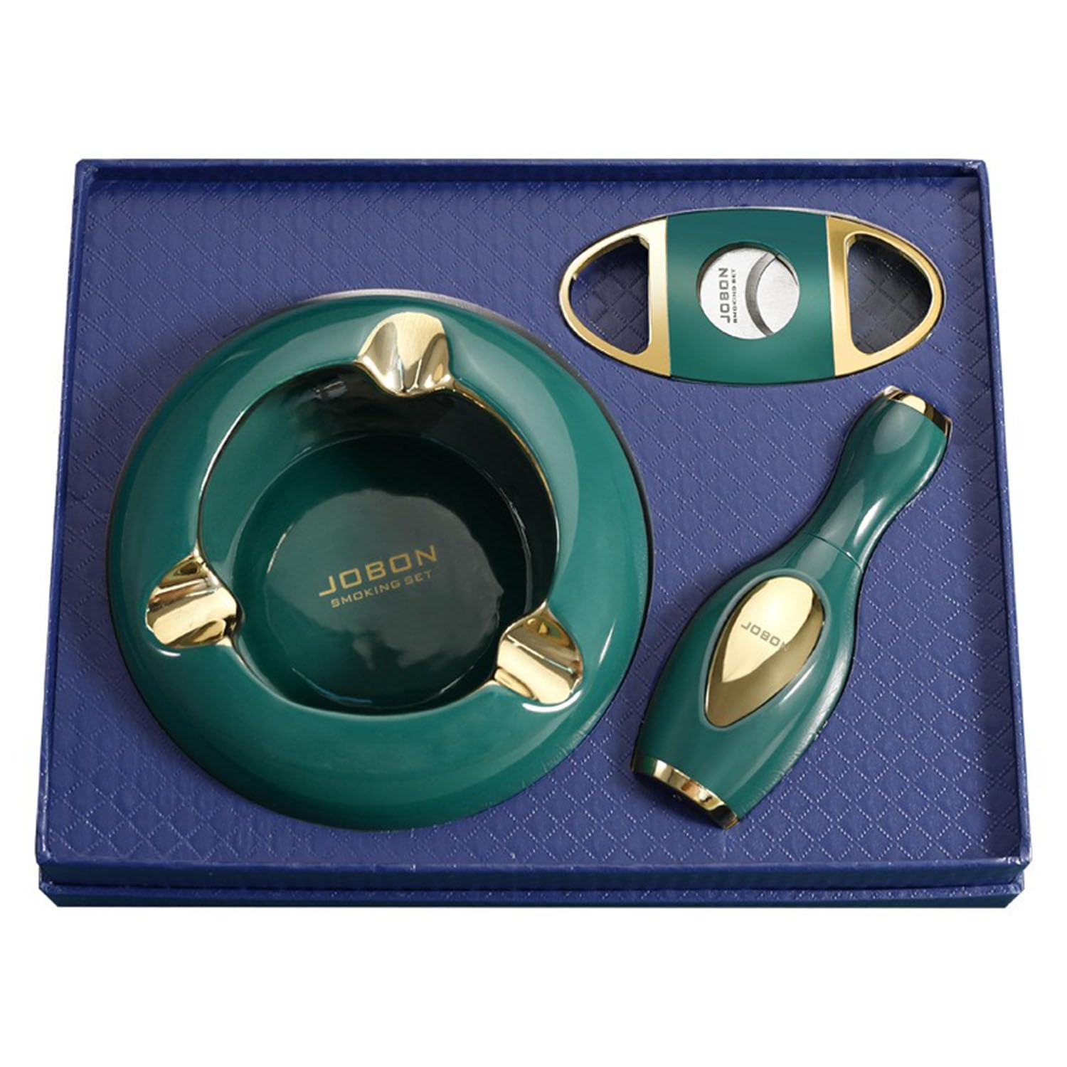 Cigar lighter and cutter Ashtray 3 Piece Set Green Jet Torch Refillable Lighter with Blue Flames Ceramic Ashtray