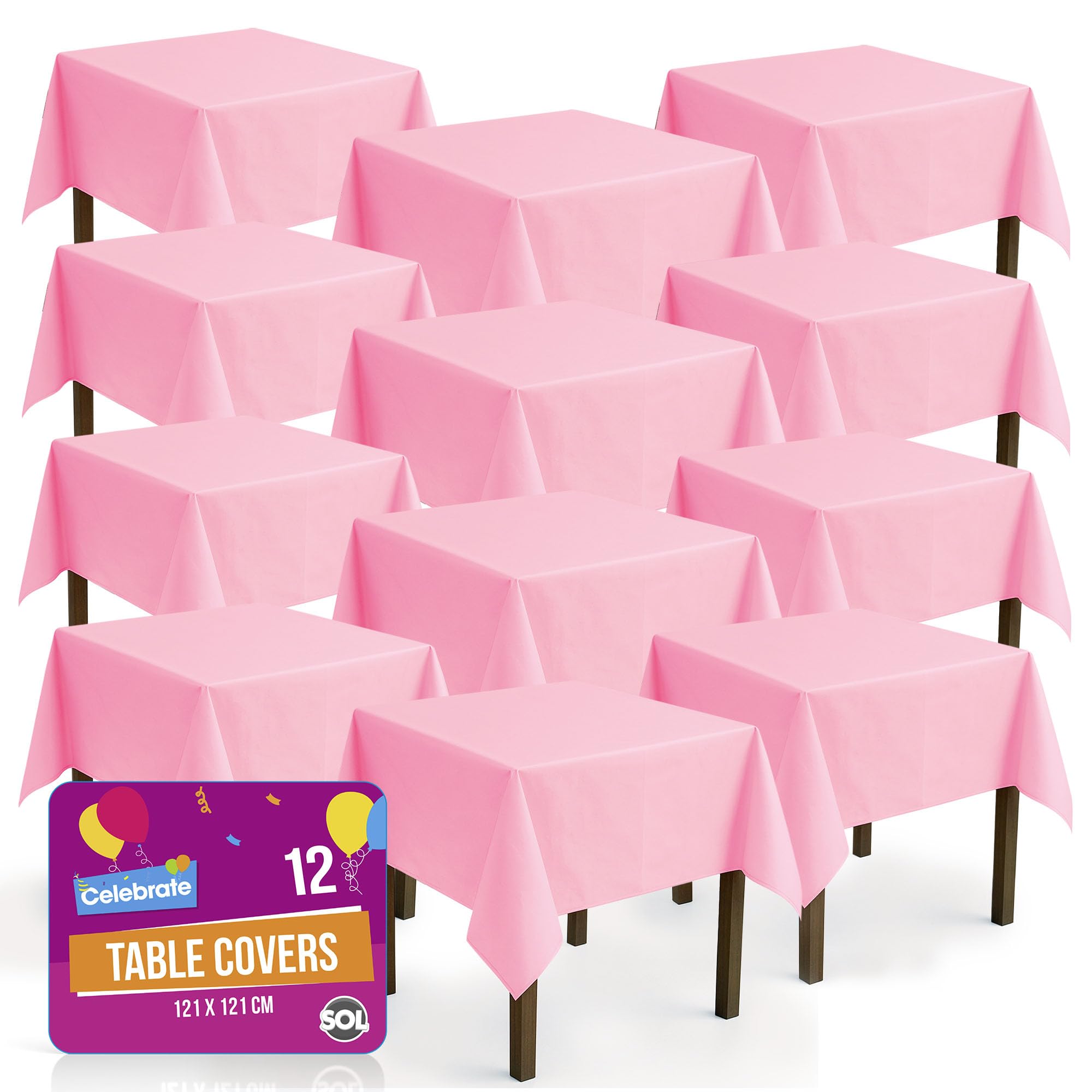 Sol Pastel Pink 12Pk Pink Table Cloths Party 121X121cm Plastic Cover Disposable For Parties - Heavy Duty Spill Protection - Opaque Design For Weddings, Buffets, Catering, Outdoor Events, Gender Reveals & More