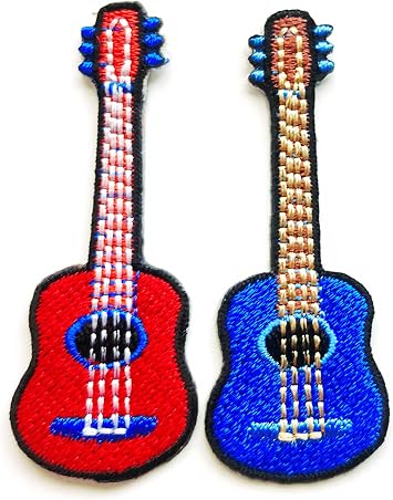 PL Set of 2 Tiny. Mini Guitar Acoustic Musical Instrument Cute Cartoon1 Sew Iron on Embroidered Applique Badge Sign Patches Clothing Costume