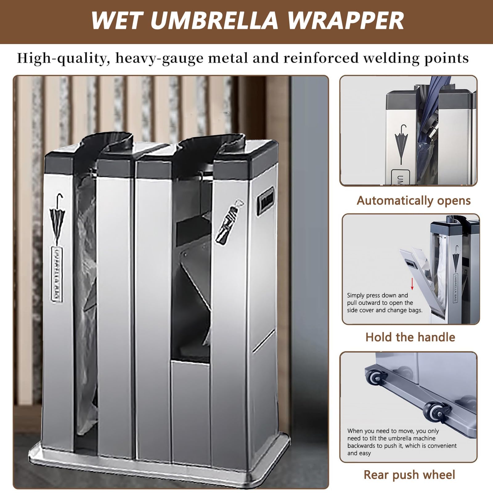 Machine d'emballage de parapluies humides Commerciale avec Distributeur de Sacs sur roulettes pour Bureaux et événements Professionnels. Solution Durable, Pratique et Peu encombrante.