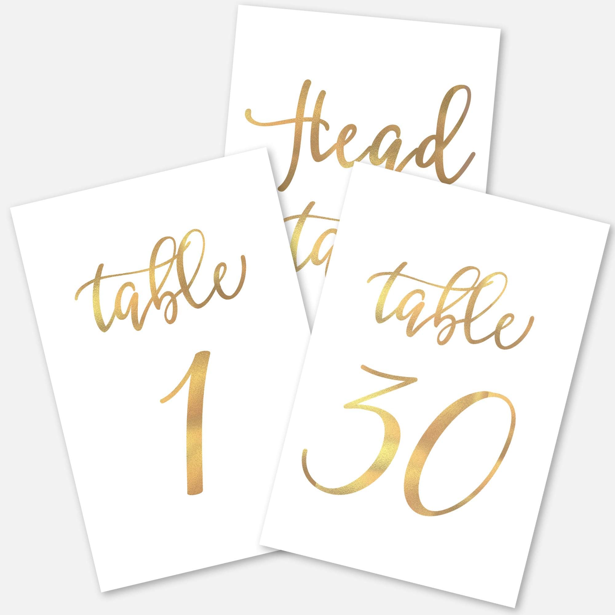 Gold Wedding Table Numbers Cards (1-30 + Head Table) 4x6" Double Sided Modern Calligraphy Foil Design Best for Receptions, Banquets, Cafés, Restaurants & Parties by Merry Expressions