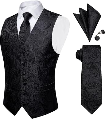 DiBanGu Mens Paisley Vest Silk Sleeveless Suit Vest and Neck Tie Pocket Square Cufflinks Set for Wedding Formal