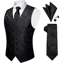 DiBanGu Mens Paisley Vest Silk Sleeveless Suit Vest and Neck Tie Pocket Square Cufflinks Set for Wedding Formal