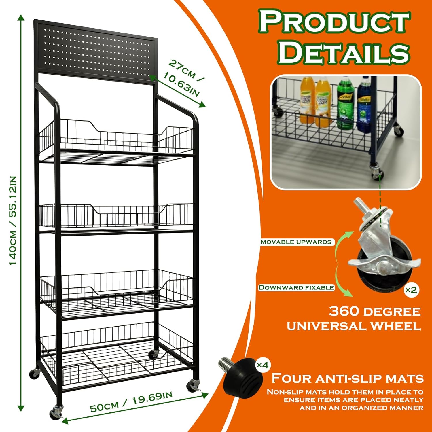 5 Tier Retail Candy Display Rack Metal Storage Shelf with Wheels & 15 Hooks Concession Candy Snack Display Racks Sturdy and Stable Chip Shelf Rack for Stores, Kitchen, Office (5 Tier Black 50cm)
