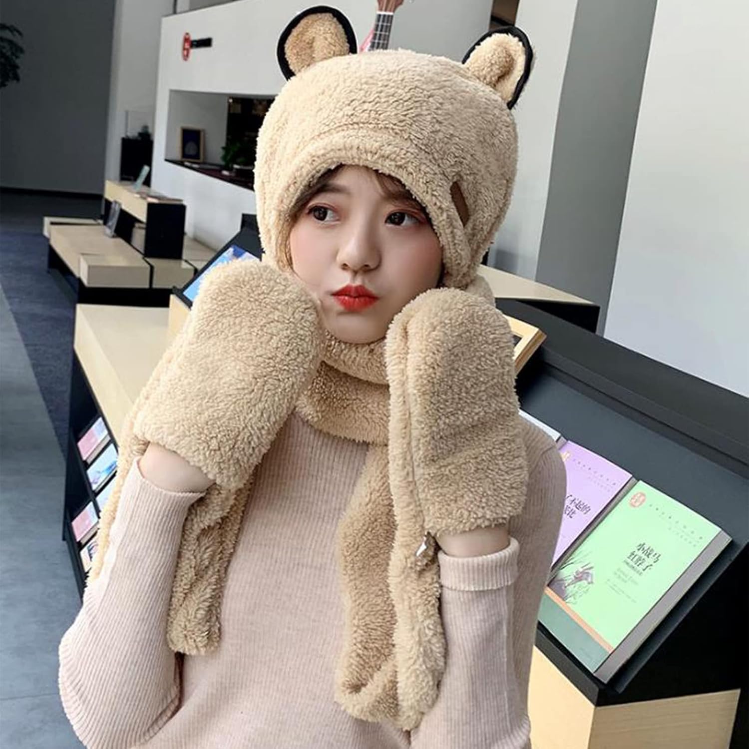 Scarf,2-10Y,10+Y Earflap Cap Parent-child Hat Warmer Plush Scarf With Pocket Bear Ear Winter Hat Scarf Gloves Set Scarf(Khaki,Medium)