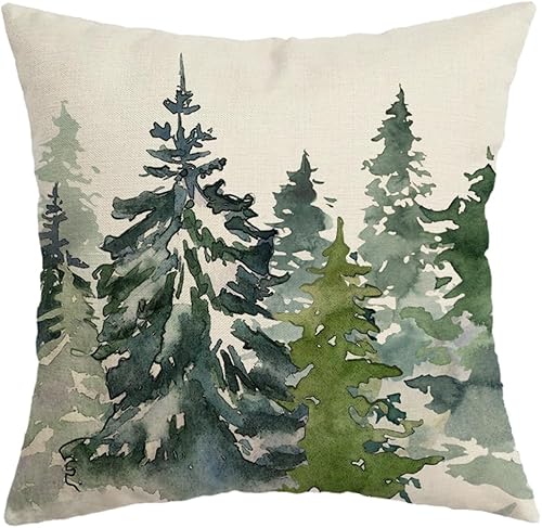 AACORS AA286-18 - Funda de almohada navideña de 18 x 18 pulgadas, decoración de árbol verde azulado, decoración de bosque natural para el hogar,