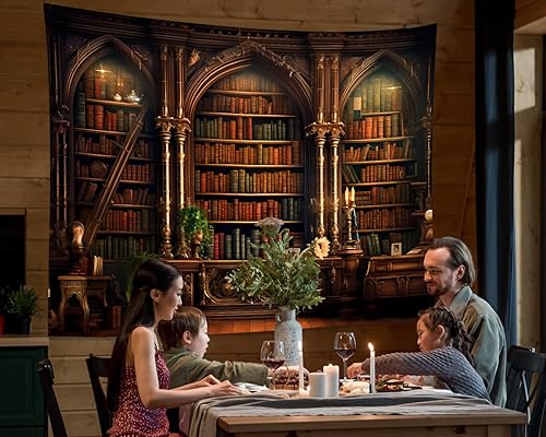 Miniatura 3 de QGHOT Tapiz vintage para colgar en la pared, tapiz retro de pared de biblioteca, libros antiguos en estante, sala de estudio clásica, estudiante,