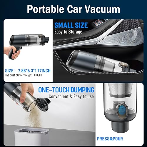 Miniatura 6 de Mini aspiradora de automóvil, aspiradora de mano 3 en 1 inalámbrica 12000 Pa de alta potencia, aspiradora portátil de 2 velocidades sin escobillas,