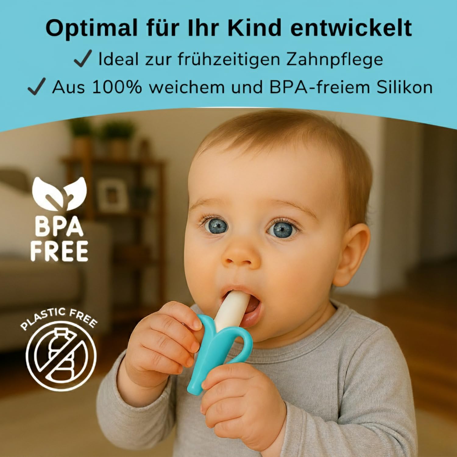 Banana teether for babys - toothbrush for teething - In different colours with gift bag, blue, 10x6 cm (1er Pack) - Image 3
