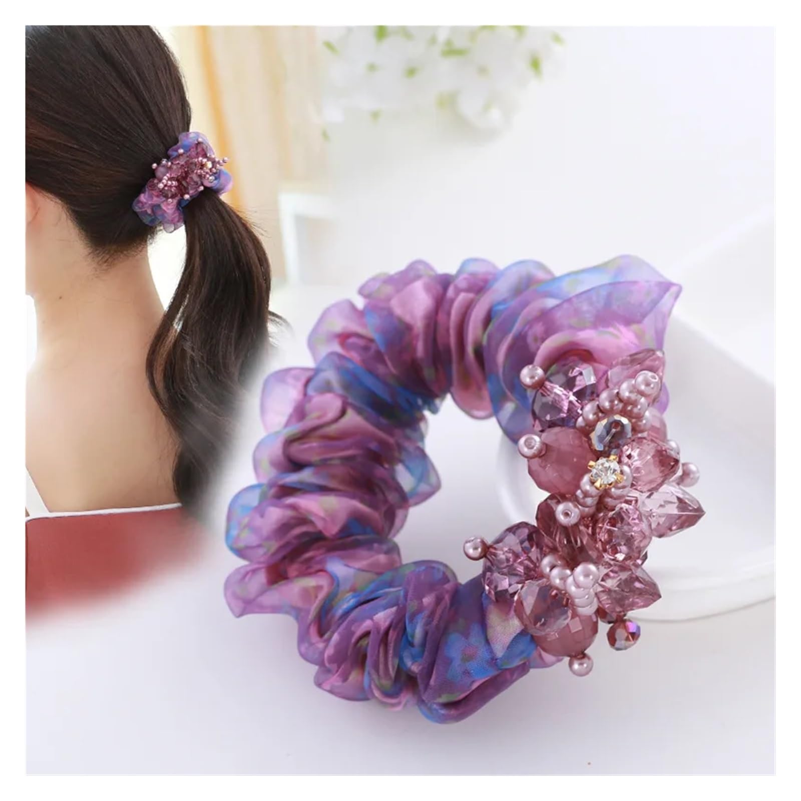 Coleteros Pelo Mujer 1 banda for el cabello de organza, hilo seda, tela cristal, tocado flores, cuerda goma elástica for for niña(B purple)
