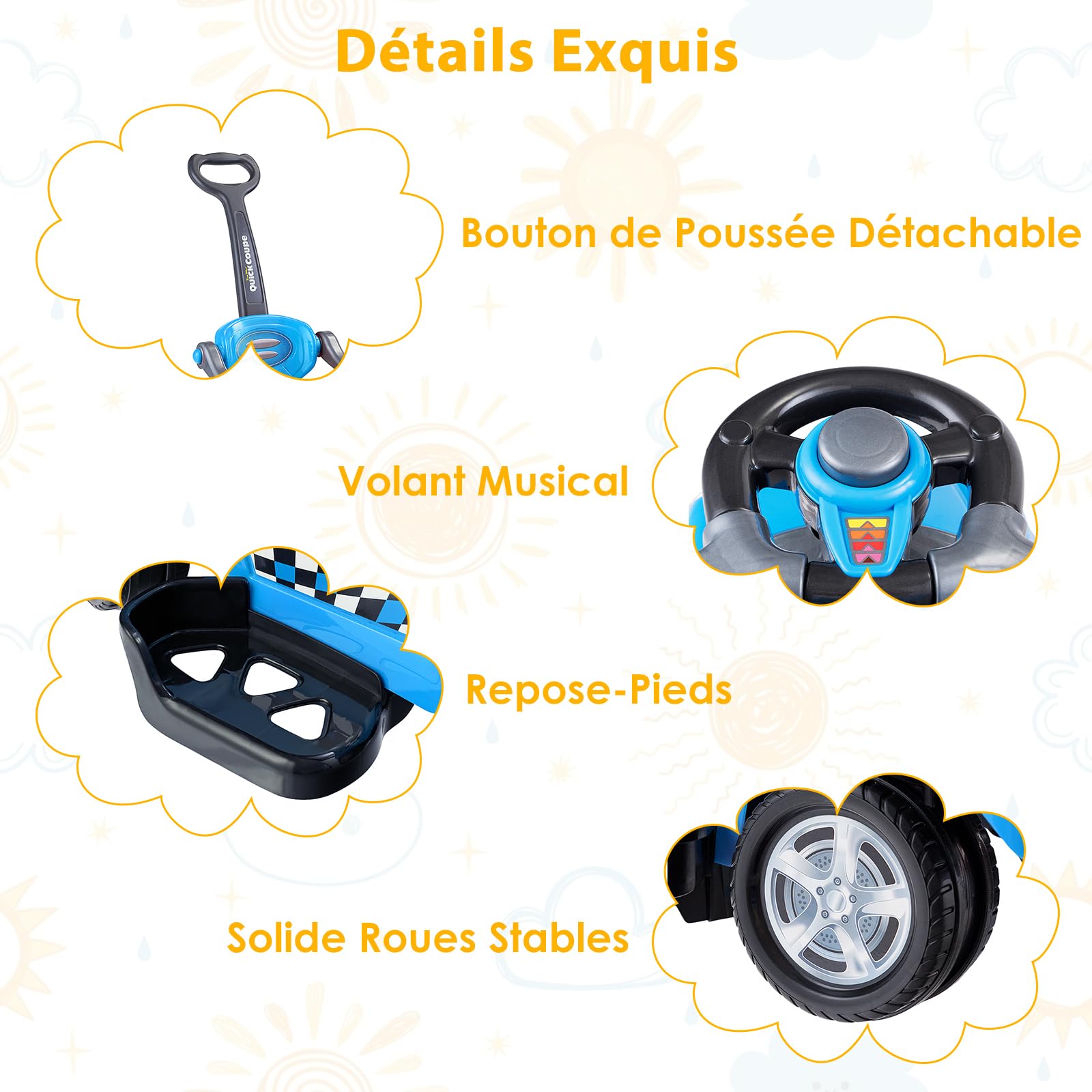 DREAMADE Voiture Enfant Porteur avec Barre de Sécurité Amovible & Anti-Basculement, pour 2-6 Ans (Bleu)