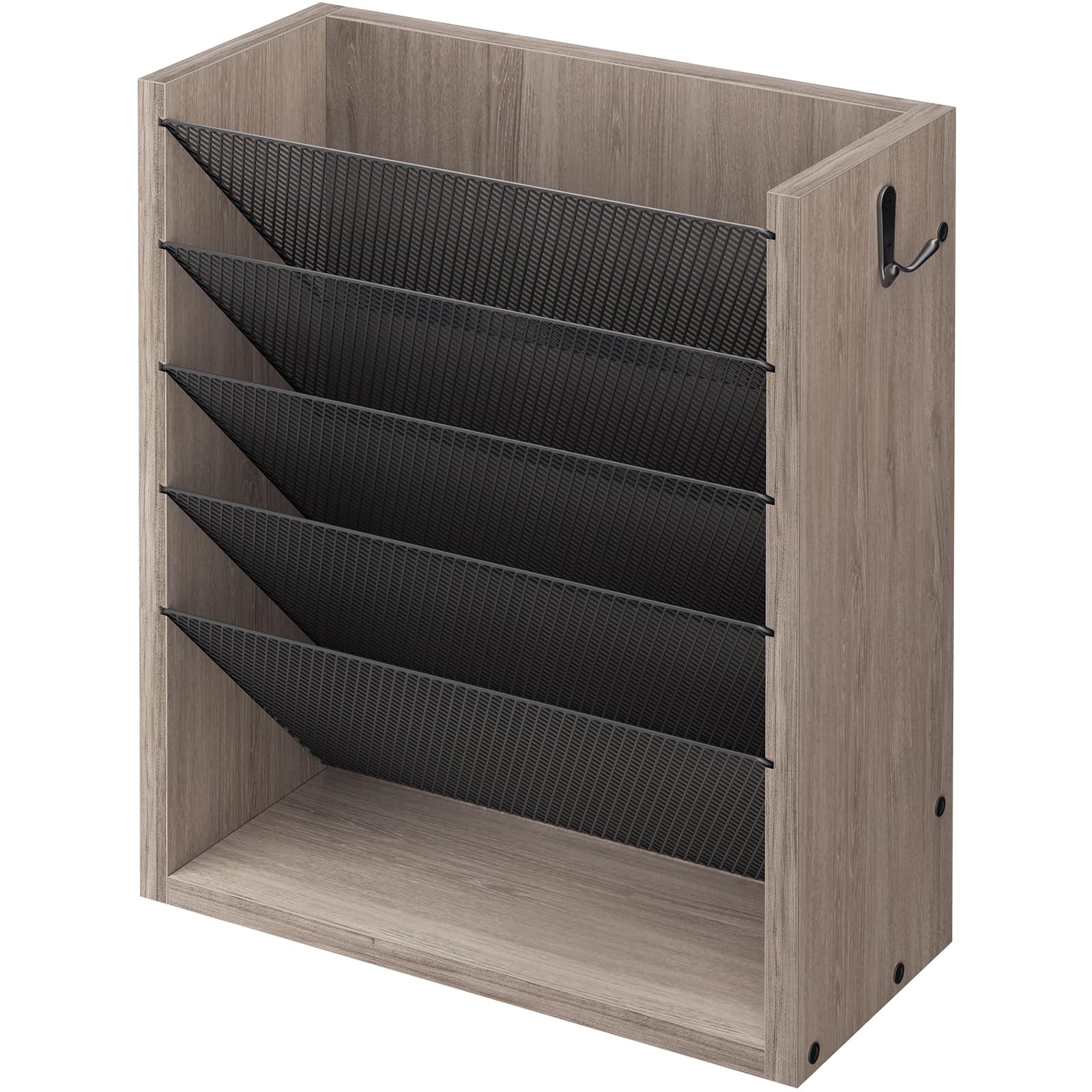 Creso hom Mail Organizer Wall Mounted, 6-Tier Wall File Organizer with 2 Hooks, Wooden Desk Organizer Magazine Holder with Bottom Flat Tray, for
