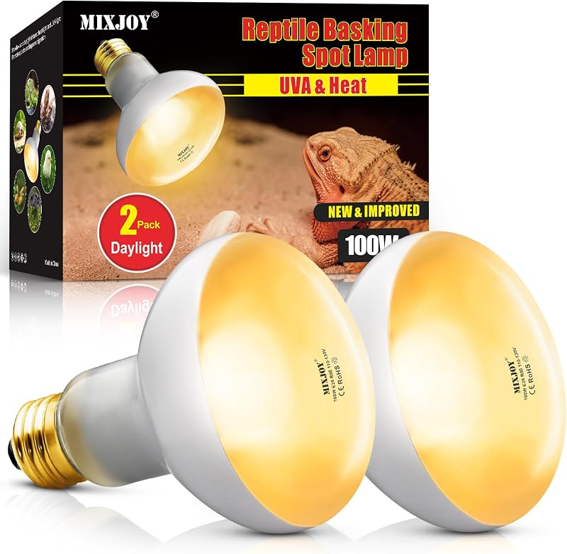 Lâmpada de aquecimento UVA para répteis MIXJOY 100 W com base E26, luz branca e controle de intensidade, pacote com 2