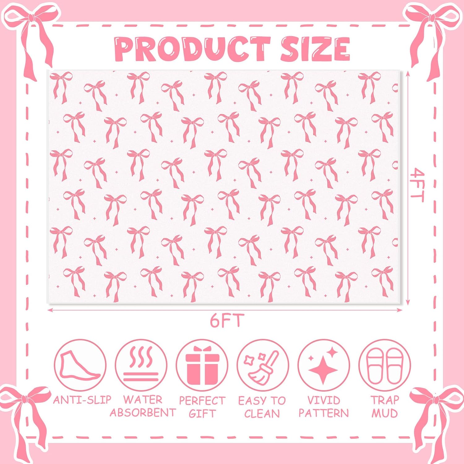Drydiet 4 x 6 ft Large Bow Welcome Mat Rug Coquette Doormat Decor Gifts for Bedroom Room Women Aesthetic Decor Birthday Decorations Gift Lovers(Bow,Pink)