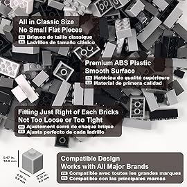 Building Bricks 1000 Pieces in Black, Dark Grey, Light Grey & White, Classic General Building Blocks Toys for Boys & Girls, Bulk Basic Brick Tiles for Adult\'s Building Projects