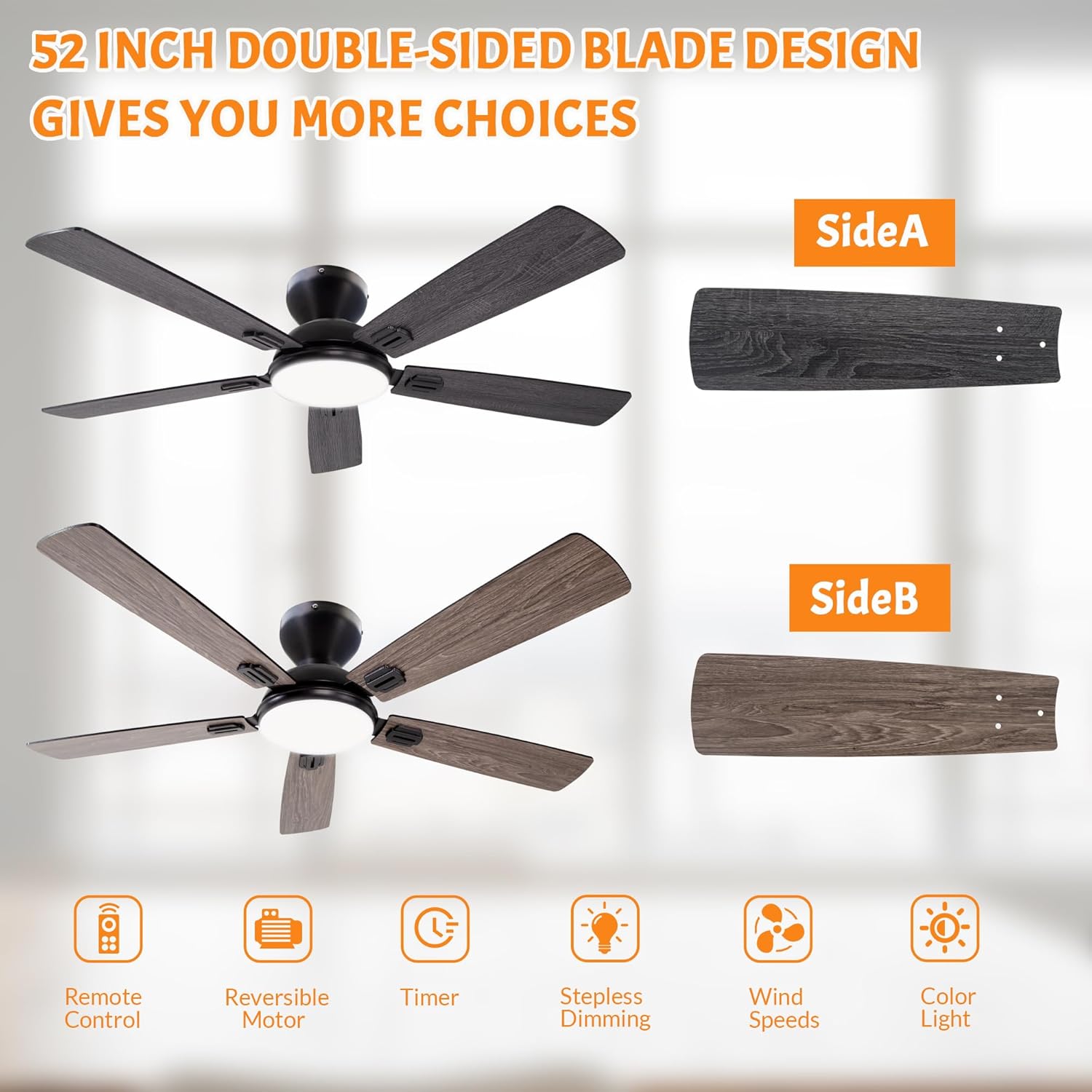 52 Inch Ceiling Fans with Lights, Indoor Flush Mount Ceiling Fan with Remote Control, 6 Speeds DC Reversible Motor, Timing, LED Dimmable, Modern Ceiling Fan for Bedroom Living Room