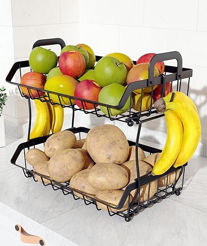 Cesta de frutas de 2 niveles para encimera de cocina con 2 ganchos para plátanos, soporte de cesta de almacenamiento de frutas colgante, cuenco