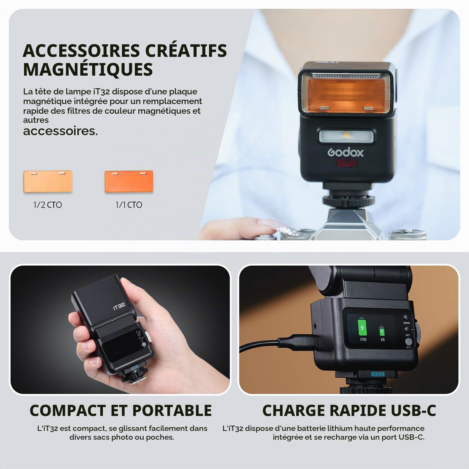 GODOX iT32 Flash TTL avec X5-O Déclencheur pour Appareil Photo Olympus et Panasonic, Compatible avec X3, X3Pro, XPro, X2T, avec écran Tactile, Réflecteur, Diffuseur, Charge USB-C