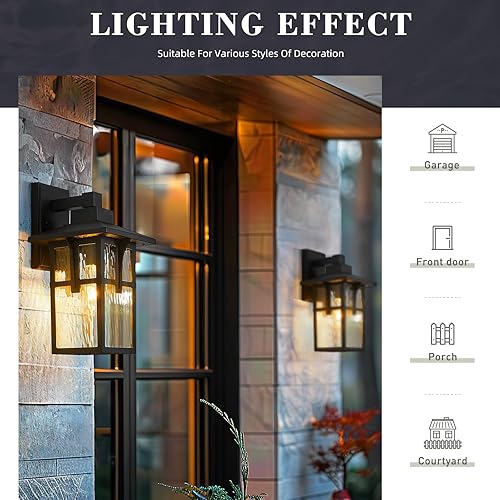 Miniatura 10 de zeyu ZX1B BK - Lámpara de pared exterior para porche delantero, aluminio fundido a presión con vidrio sembrado, acabado negro, ZX1B BK
