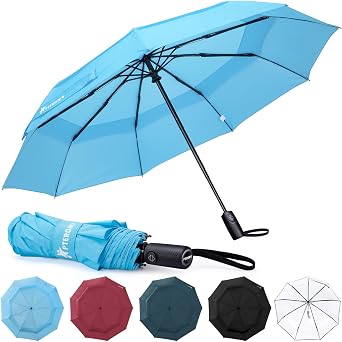 PTEROMY Windproof Travel Umbrellas for Rain and Sun, Withstands 85MPH Winds Auto Open Close Folding Umbrella with Ergonomic Handle, Quick Dry Canopy for Commuting or Backpack