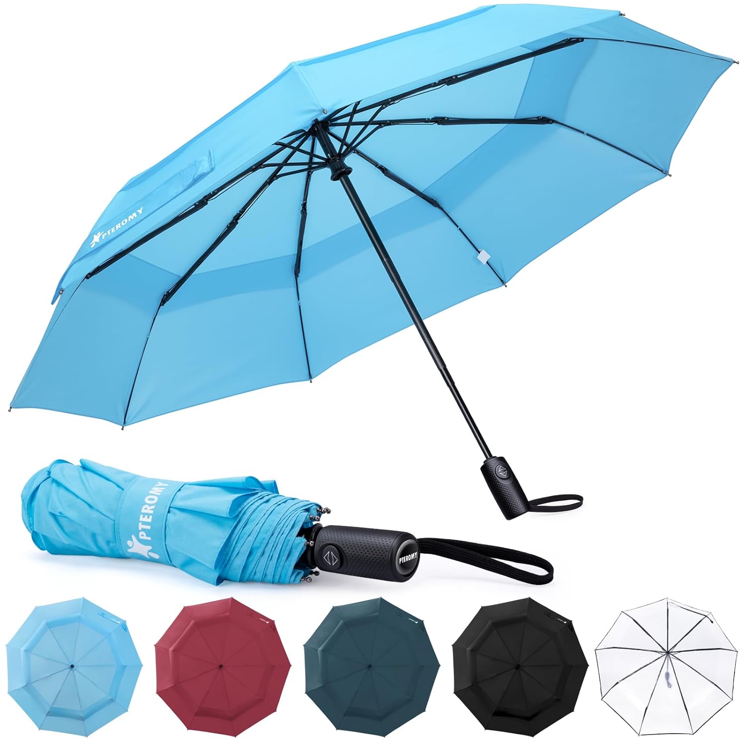 PTEROMY Windproof Compact Travel Umbrellas for Rain and Sun Withstands 85MPH Winds Auto Open Close Folding Umbrella with