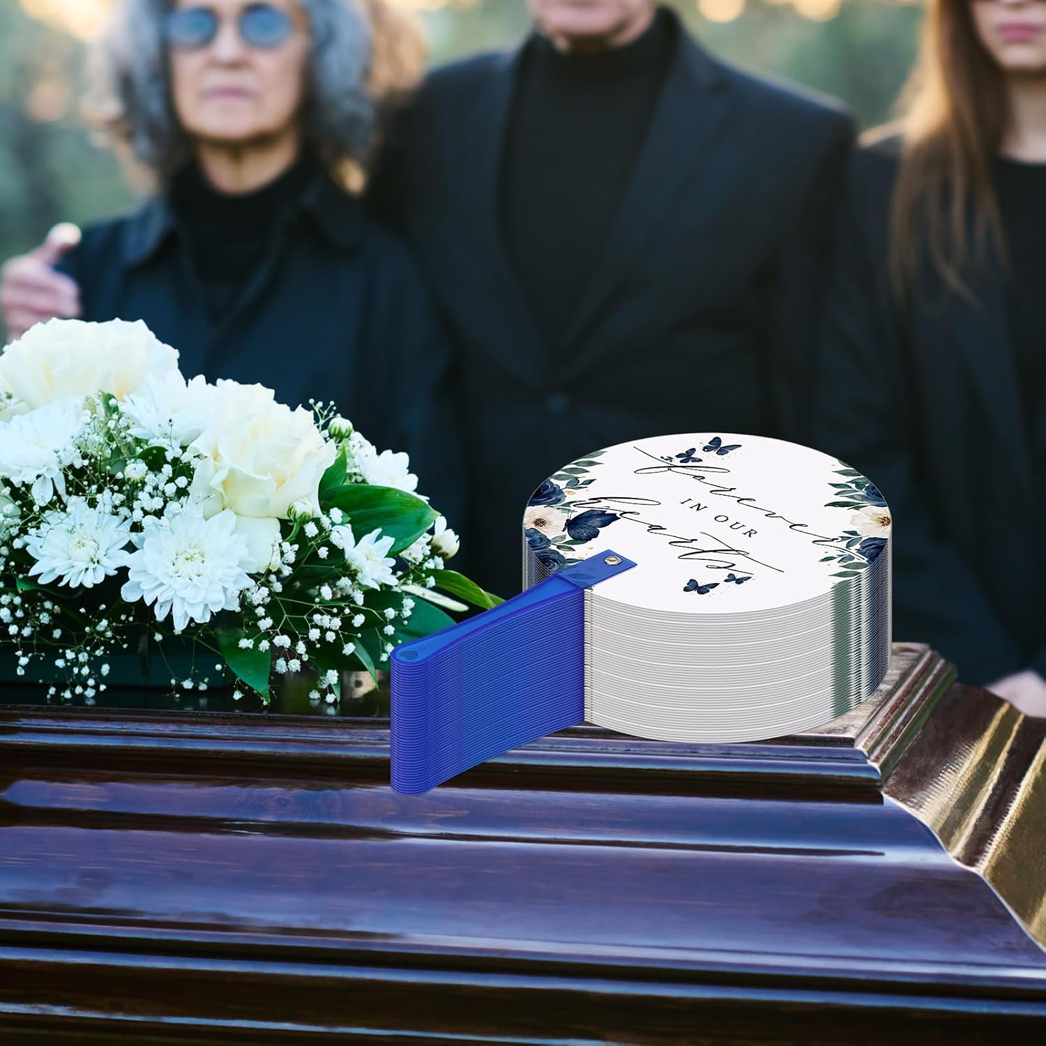 Teling 50 Pcs Funeral Favors Fans for Guests Memorial Handheld Fans, Blue