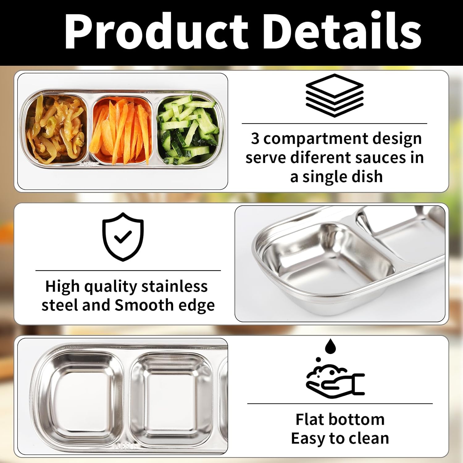 28 Pcs Soy Sauce Dishes, Stainless Steel Divided Dip Bowls, Korean 3-Compartment Sauce Plates for Home Restaurant BBQ, Vinegar, Spices, Ketchup, Salt, Sugar, and Flavors
