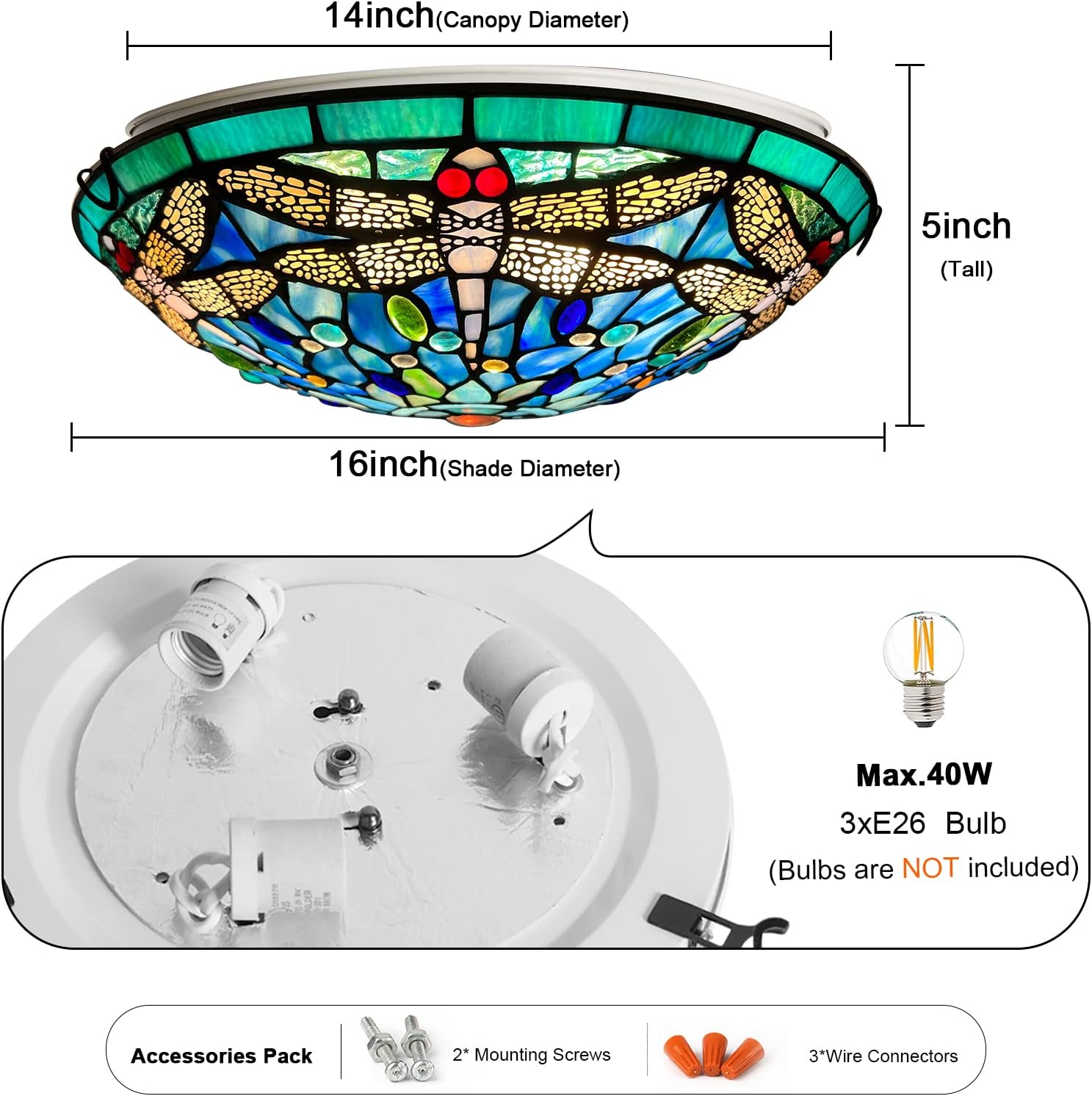 ARTZONE Tiffany Ceiling Lights, Stained Glass Ceiling Light 3-Lights 16 Inch Tiffany Flush Mount Ceiling Light for Bedroom Dining Living Room Entryway Foyer