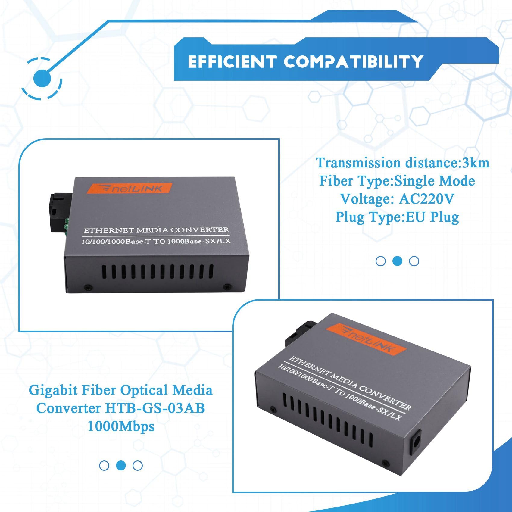 3X Convertisseur de Média Fibre Optique Gigabit -GS-03AB 1000 Mbit/S, Alimentation Externe Monomode à Fibre, Prise UE