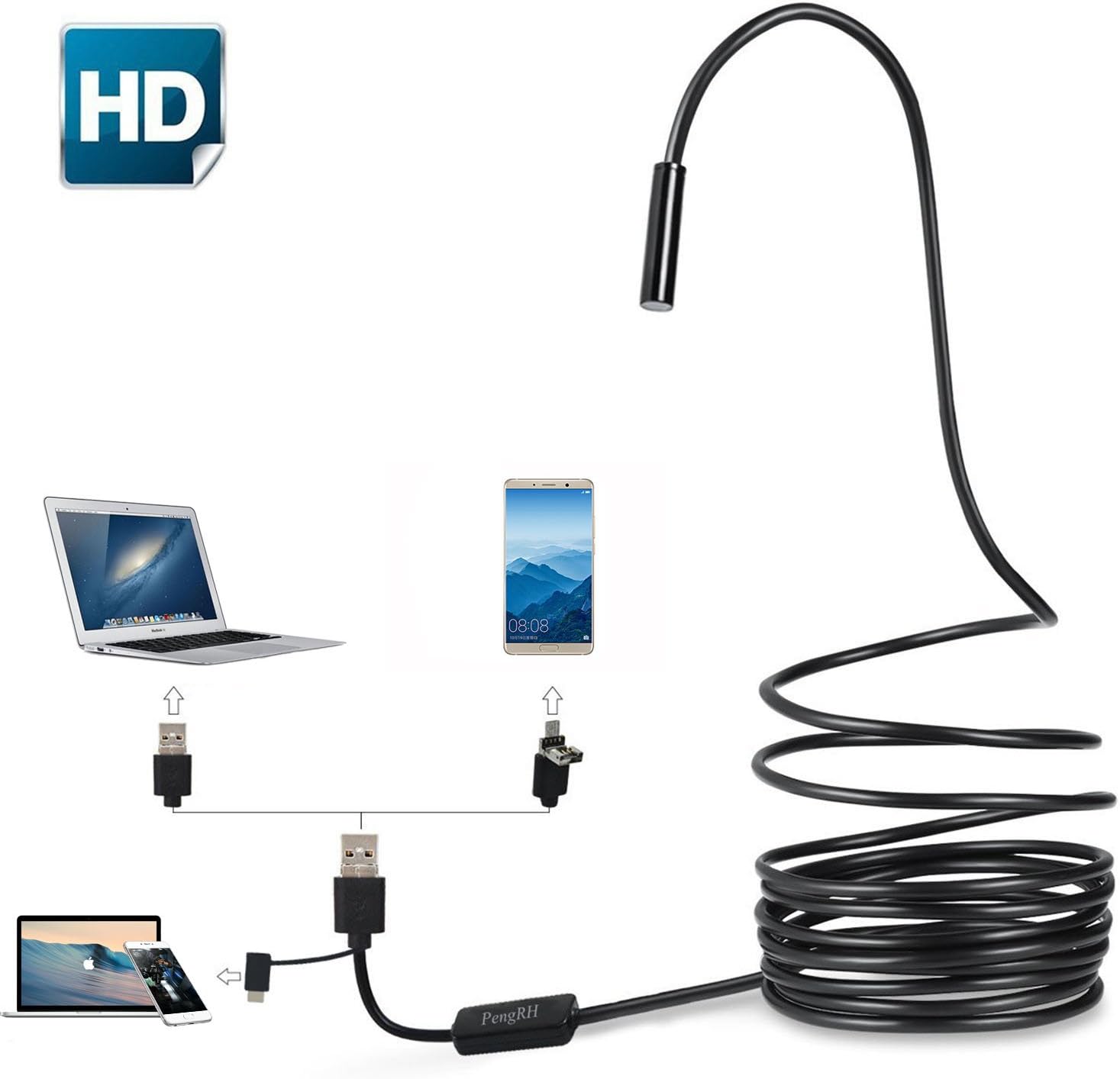 USB Endoscope, Endoscope Inspection Camera, PengRH 3-1 IP67 Waterproof Semi-Rigid Inspection Camera 2.0MP CMOS HD Waterproof Camera with 6 Adjustable Led for Android, Type-C and Computer(5M)