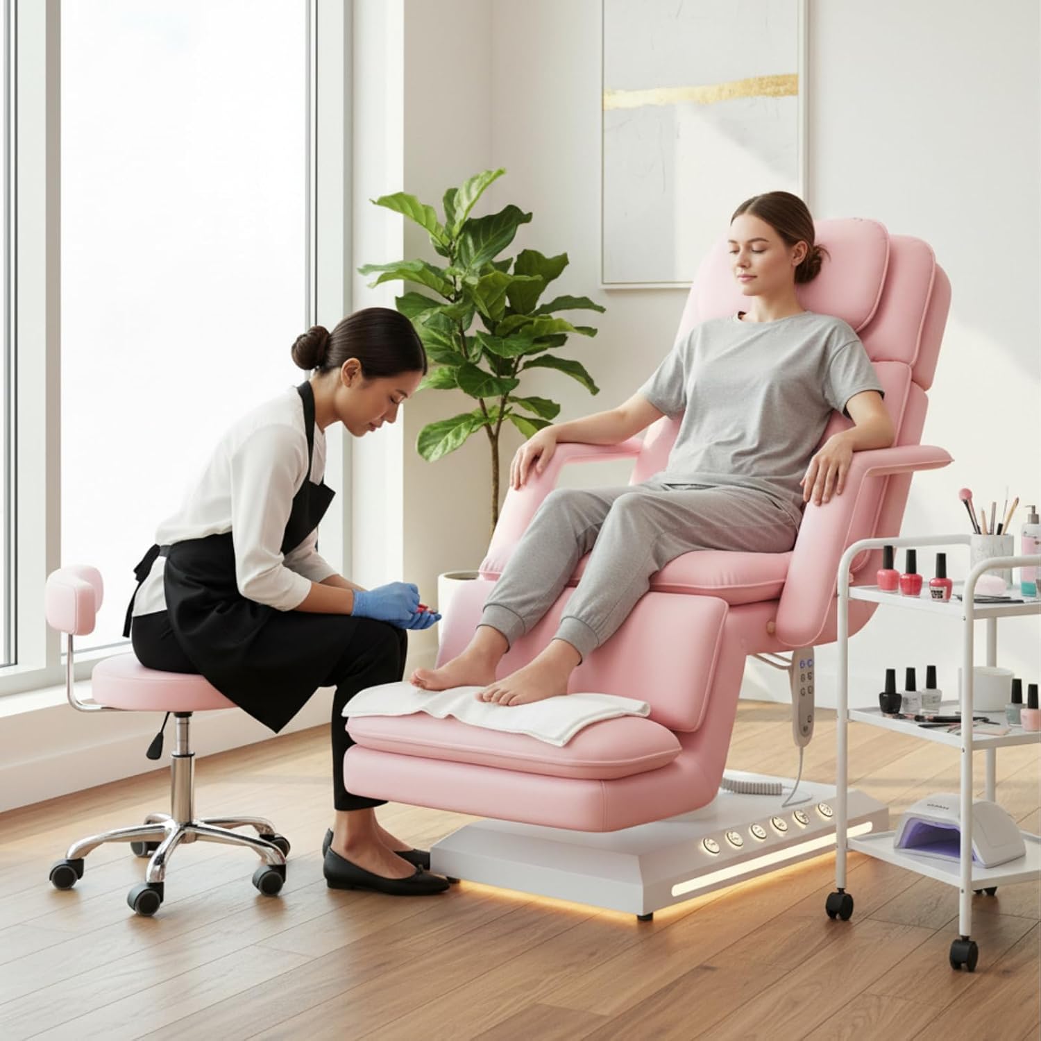 Electric Massage Table w/Stool, 3 Motor Professional Spa Bed, Foot Pedal & Remote Control, Height Adjustable Wide Facial Table for Salon & Spa (Pink | with Rolling Stool)