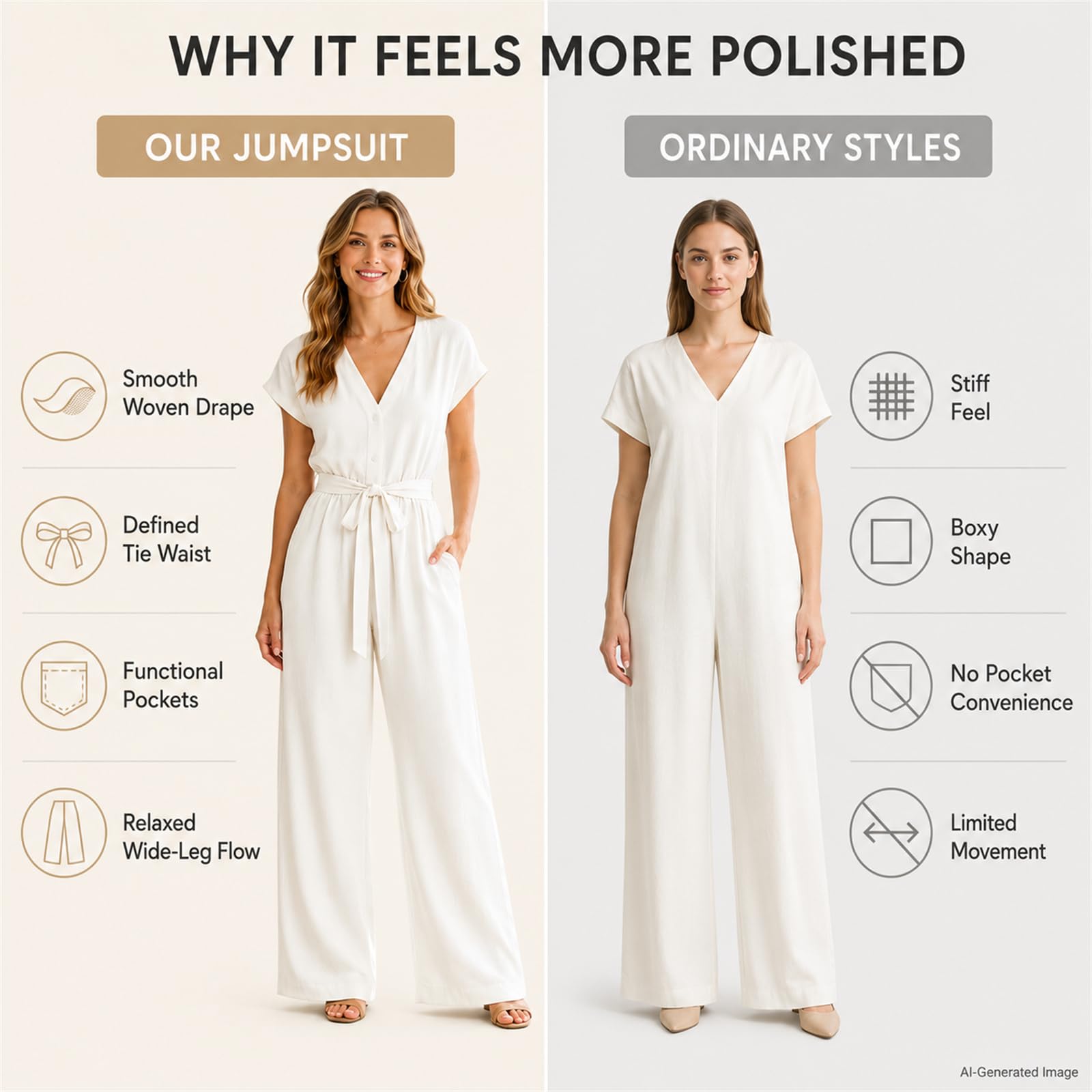 Combinaison pour femme avec col en V, manches courtes, jambes larges