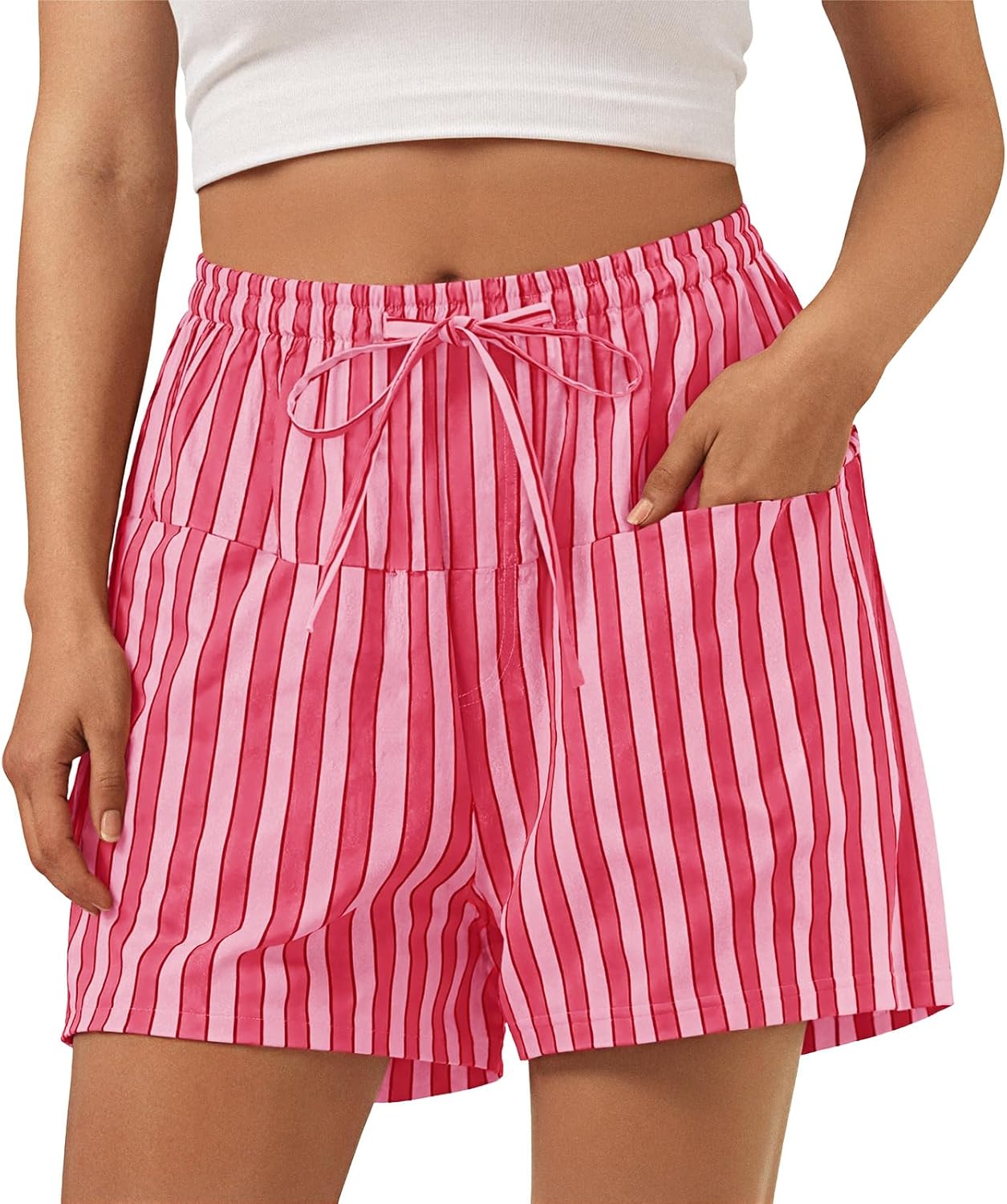 Aoysky Womens Striped Lounge Shorts High Waisted Drawstring Casual Summer Shorts Color Block Beach Bottoms with Pockets